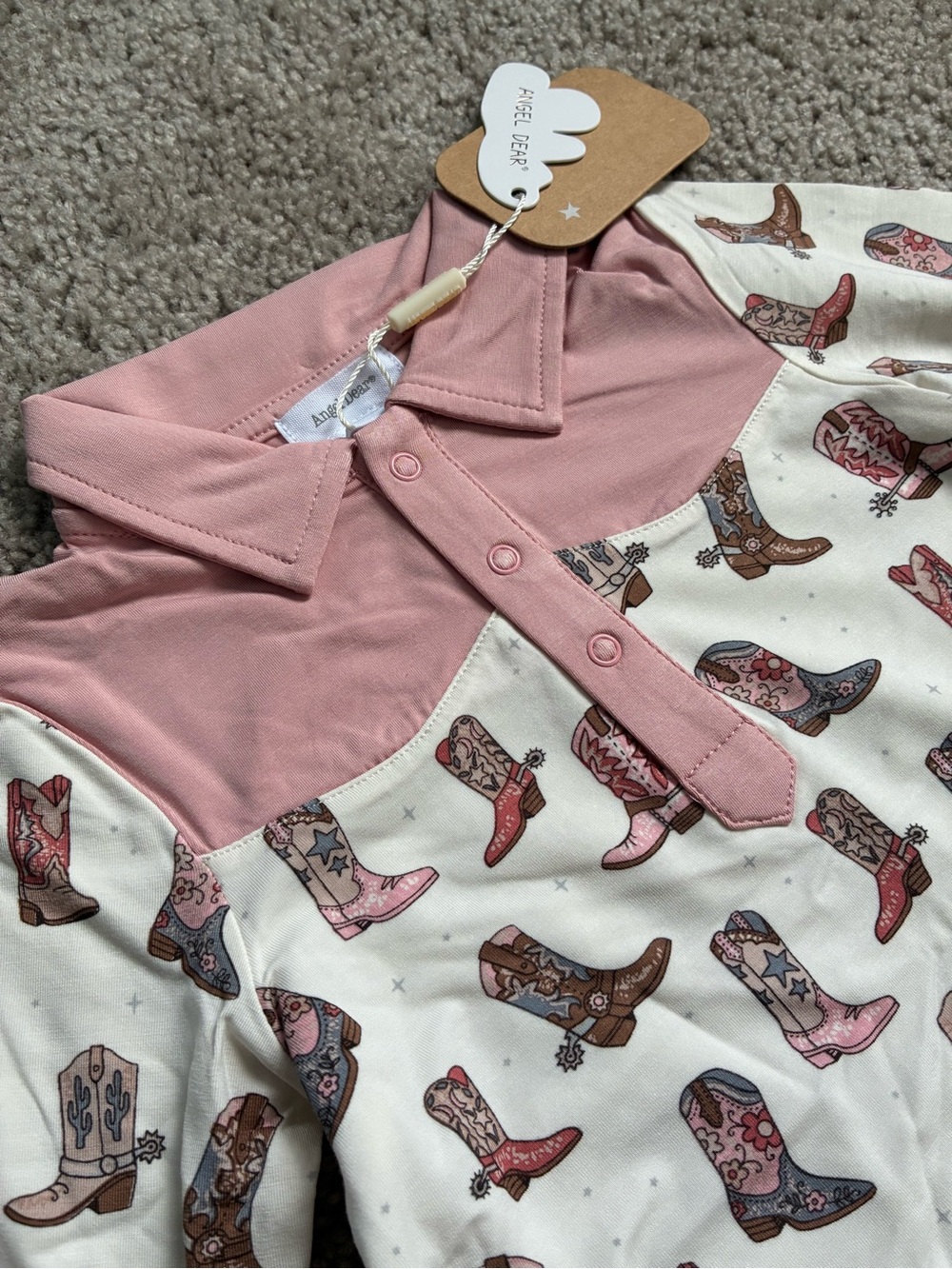 Angel Dear Pink & Cream Cowboy Boot Bamboo Polo Onesie Top for Kids NWT